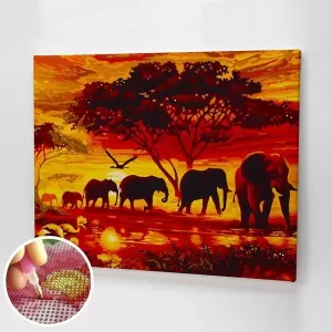 Hatalmas elefántok a naplementében. Gyémántszemes kirakó