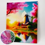 Szélmalom a folyóparton kép.